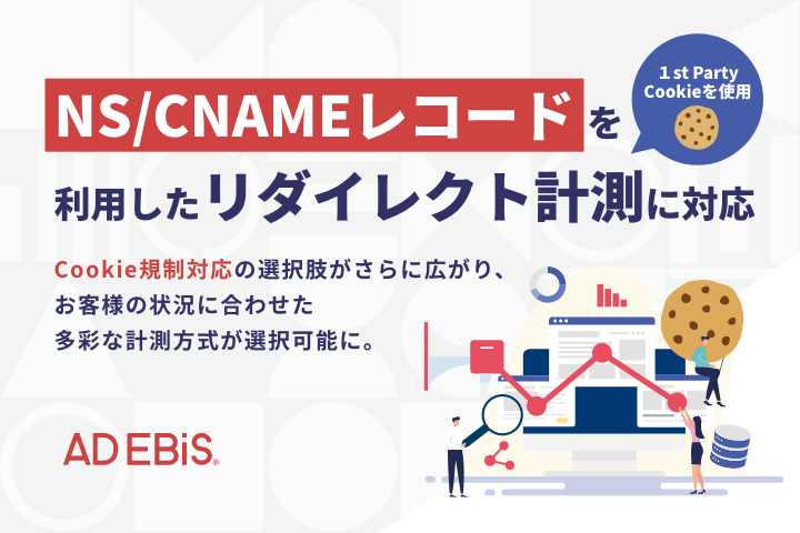 アドエビス、NS/CNAMEレコードを利用したリダイレクト計測に対応。Cookie規制対応の選択肢がさらに広がり、お客様の状況に合わせた多彩な計測方式が選択可能に。